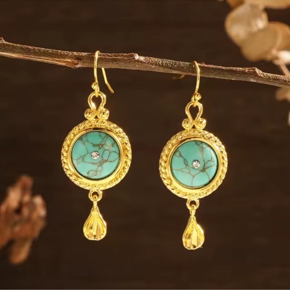 Victorian Gold Turquoise Vintage Earrings - Picture 4 of 6